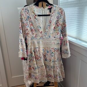 Aqua White Floral Crochet Dress